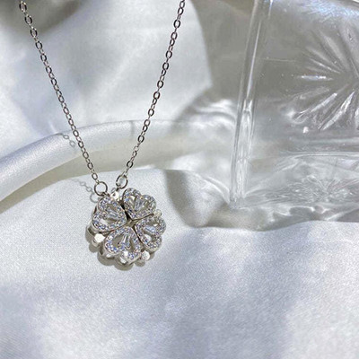 house of common FOUR HEART MAGNETIC OPENABLE 2 STYLE PENDANT CHAIN Cubic Zirconia Silver Plated Alloy Layered