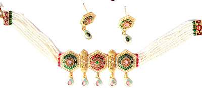 haima's Hexagonal-Pearl-choker-set- Brass, Gold-plated Plated Brass, Alloy Choker