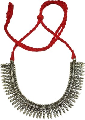 athizay Antique Silver Oxidised Beads Choker necklace for Women ( Red Thread ) Brass Choker