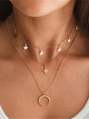 Vembley Charming Gold Plated Triple Layered Stars and Moon Pendant Necklace Gold-plated Plated Alloy Necklace Set