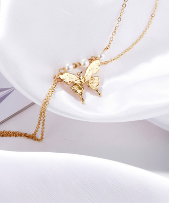 Vembley Stylish Lovely Double Layered Pearls and Butterfly Pendant Necklace Pearl Gold-plated Plated Alloy Necklace