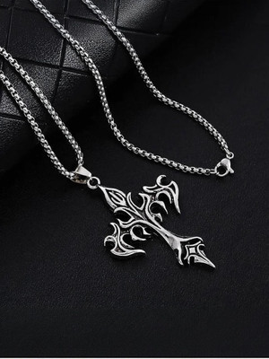Oscar Enterprises Pine Pearls Trending Jesus Cross Necklace For Men And Boys-04 Silver Plated Stainless Steel Chain