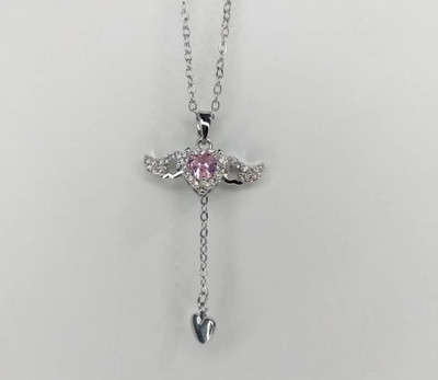 Dittiya Heart Stone Wing Pendant Chain | Silver Plated for Women Silver Plated Stone, Stainless Steel Chain
