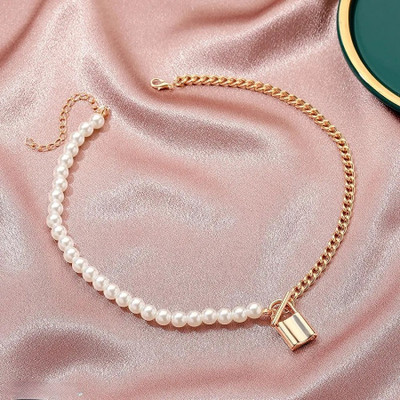 TVI Single Layered Pearl Chain Lock Pendant Necklace For Girls And Women Gold-plated Plated Alloy Necklace