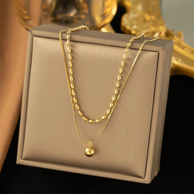 MYKI Anti-Tarnish Stainless Steel Gold Plated Double Layer Necklace with Bead Charm Gold-plated Plated Stainless Steel Necklace
