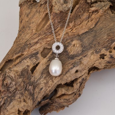 Ornate Jewels 925 Sterling Silver Natural Freshwater Pearl Drop Pendant Chain Necklace Pearl, Cubic Zirconia Rhodium Plated Sterling Silver Necklace