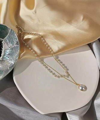 Vembley Gold-Plated Pearl Studded Long Pendant Necklace Pearl Gold-plated Plated Alloy Necklace