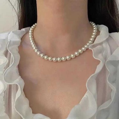 ZMS Classic Pearl White Choker Necklace for Women - Elegant Statement Jewelry Silver Plated Alloy Necklace