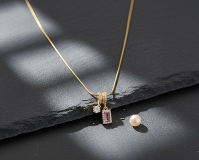 Jewel stories Charm Necklace|| Anti Tarnish|| Gold Colour|| Pink stone Gold-plated Plated Stainless Steel Necklace