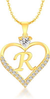 Heer Collection Heart Shape Alphabet 'R' Valentine Special Pendant Propose Wedding Anniversary Cubic Zirconia, Crystal Gold-plated Plated Brass, Copper Chain Set