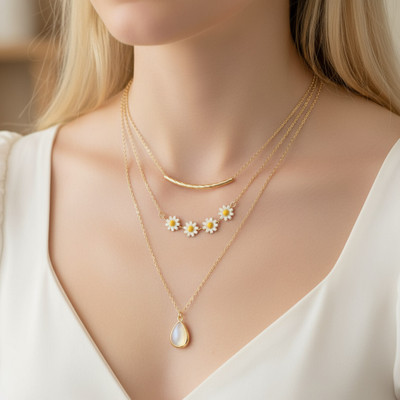 Trendmakerz Elegant Gold Chain Necklace with Bar, Daisy Flowers & Teardrop Pendant Beads, Pearl, Crystal, Zircon Crystal, Alloy, Stainless Steel Layered