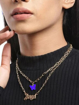 Dressberry Special Double Layered Royal Blue Butterfly Angel Necklace For Her Gold-plated Plated Alloy Necklace