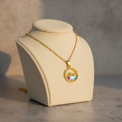 VR Divine Adorn Shiny Gold Dolphin Charm Pendant with Eye-Catching Multicolor Crystal Gold-plated Plated Stainless Steel Chain Set