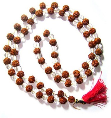 DvR ClicK Rudraksha Clears Crystal Sphatik Japa Mala Rosary 108 + 1 Beads Brass Plated Wood Chain