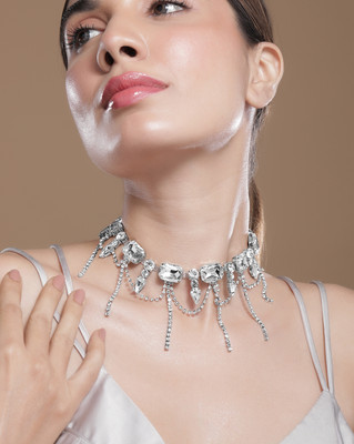 RUBANS Cubic Zirconia Rhodium Plated Brass Necklace