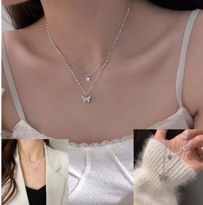 Harsu Collection Layered Butterfly Pendant Necklaces Cubic Zirconia Silver Plated Stainless Steel Necklace