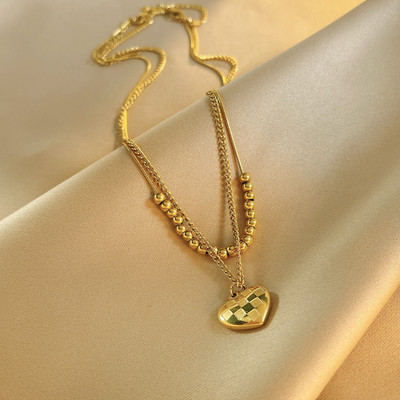 MYKI Anti-Tarnish Gold Heart Layered Necklace Gold-plated Plated Stainless Steel Necklace