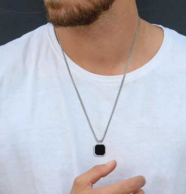 Vivity Classic Black Onyx Amulet Octagon Hexagon Inlay Square Locket Pendant Silver Plated Alloy Chain