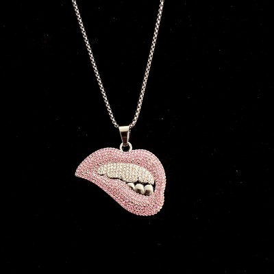 Oralia Lip Iced Out Pendant Necklace With Stainless Steel Chain | Stone Studded Silver Plated Alloy Necklace