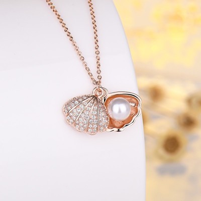 Sidhdheshvar Stainless Steel RoseGold Oyster Pearl Necklace Cubic Zirconia Gold-plated Plated Stainless Steel Necklace