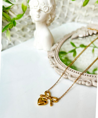 Gleve Gleve Anti Tarnish Stainless Steel Gold Bow Heart Necklace Crystal Gold-plated Plated Stainless Steel Necklace