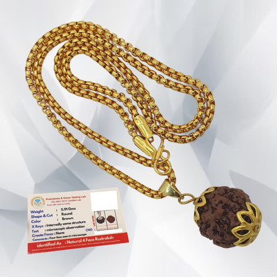 JagatguruShop 4 Mukhi Rudraksha Pendant/Pandent Nepali Rudraksha with Lab Certified Four Mukhi Beads Gold-plated Plated Brass, Wood Chain Set