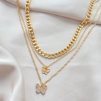 Vassaley Three Layered Studded Butterfly Chain Necklace Gold-plated Plated Alloy Layered