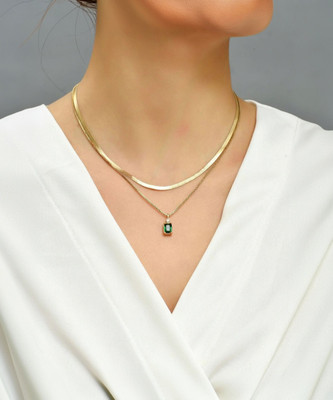 Lady Raiment Anti-Tarnish Double Layer Chain with Green Square Crystal Locket Pendent Crystal Gold-plated Plated Stainless Steel Necklace