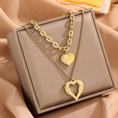 MYKI Anti-Tarnish Dual Heart Layered Gold Necklace Gold-plated Plated Stainless Steel Necklace