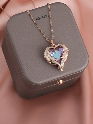 Royatto Angel Wings Zircon Pendant,Ocean Heart,Korean Crystal Love Heart Cubic Zirconia Brass Plated Stainless Steel Necklace