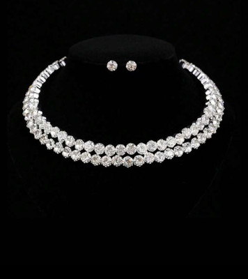 Rhosyn Silver Plated Stylish AD Double Layer Necklace Set with AD Pair of Earrings Set Cubic Zirconia Silver Plated Alloy Choker