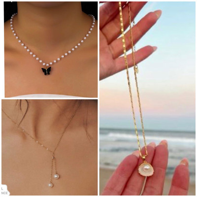 Aviman Creations beautiful three butterfly pearl chain sets Beads Gold-plated Plated Brass Chain Set
