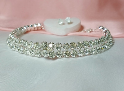 Hani Fab Diamond Silver Palted Double Line Choker Alloy Choker For Women & Girls Silver Plated Alloy Choker
