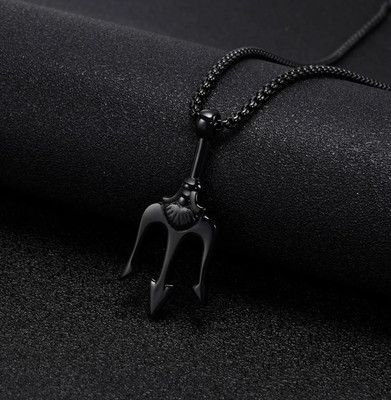 P. R. PRINTS Black God Of The Sea Mahadev Poseidon Trishul/Trident Pendant Locket Necklace Stainless Steel Necklace Set