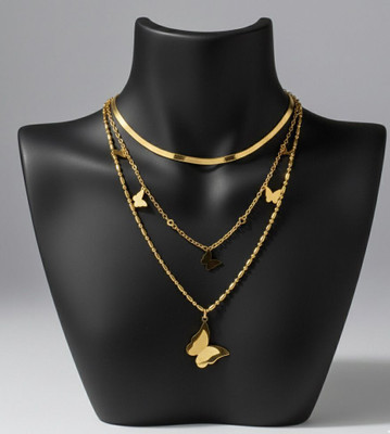 amjewels Trendy Fashion 3 Necklace Chains Combo, Butterfly Charm Pendants Gold-plated Plated Alloy Layered