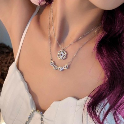 LA MESKEY 2 IN 1 STYLED SILVER CHAIN WITH DIAMOND STUDED MAGNETIC HEARTS PENDANT Diamond Alloy Necklace