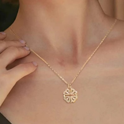 Happy Jewellery Heart & Leaf Clover Sterling Silver Necklace, Layering Chain Pendant Cubic Zirconia Gold-plated Plated Crystal, Alloy, Stainless Steel Necklace