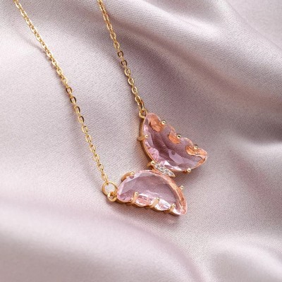 Vembley Stylish Fashion Jewelry Pink Crystal Butterfly Necklace For Women & Girls Gold-plated Plated Alloy Necklace