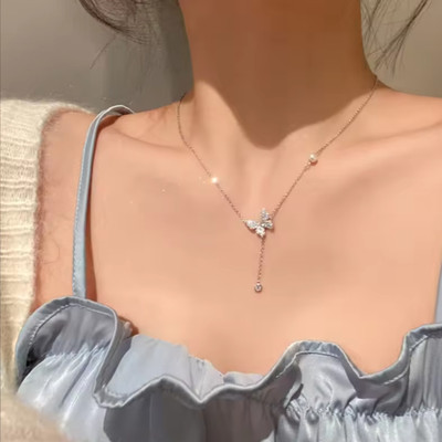 Harsu Collection Cubic Zirconia Butterfly Pendant Necklace Cubic Zirconia Silver Plated Alloy Chain