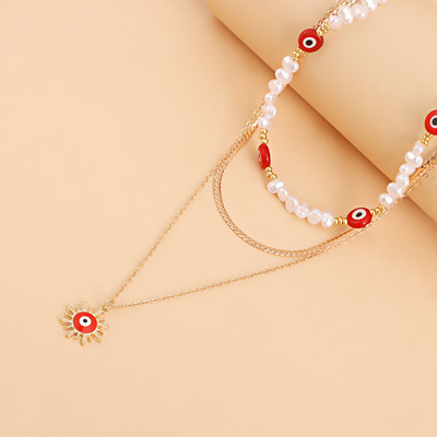 DESTINY JEWEL'S Gold Plated Multiple Red Evil Eye with Sunflower Charm Necklace Pearl Gold-plated Plated Alloy Necklace