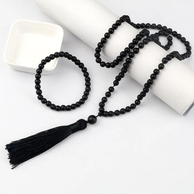 Ceylonmine01 Black Agate/Hakik Mala with Matching Free Bracelet Natural Beads Design Agate Stone Chain Set