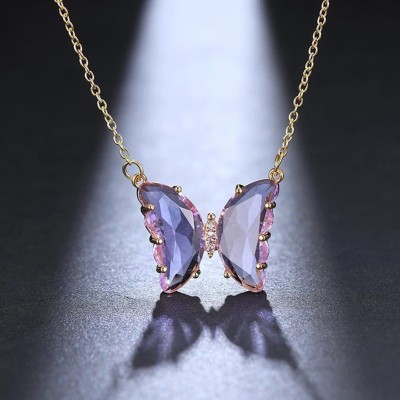 Vembley Single Layered Crystal Butterfly Purple Pendant Necklace Crystal Gold-plated Plated Alloy Chain