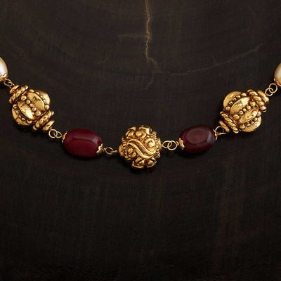 Kushal's Fashion Jewellery Ruby-Green-Pearl Gold-Plated Ethnic Antique Necklace Gold-plated Plated Copper Necklace