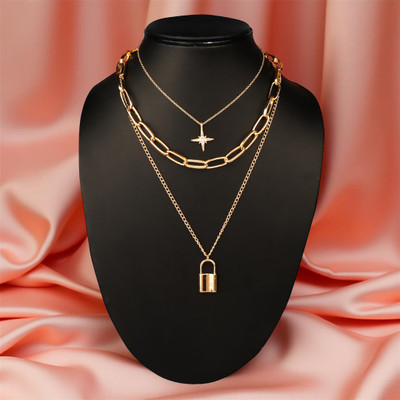 Vembley Three Layered Lock Chain Star Necklace For Girls / Women Cubic Zirconia Gold-plated Plated Alloy Layered