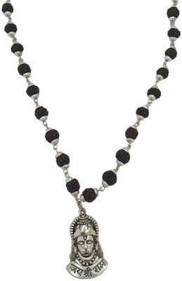 LOTUS Store Black 5 Mukhi Rudraksha Mala in Silver Designer Caps (7 mm) - Natural Rudraksha Beads Silver Plated Brass, Wood Chain