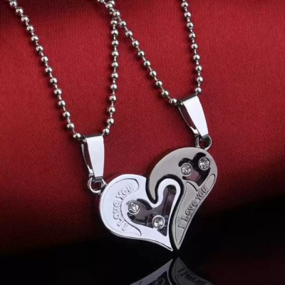 Heer Collection Jewellery Valentine Special Gifts His and Hers Lover Couple Love Heart 2 Piece Joining Couple Pendants Necklace Chain Pair Love Heart Cubic Zirconia CZ I Love You Puzzle Matching Couple Pendant Necklace for Men Women Girls Boys Friendship Relationship Promise Love Fashion Jewelry, Cu