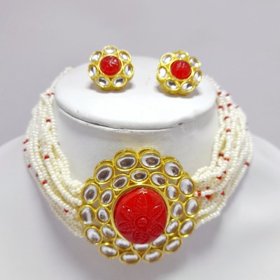 Jaipur Imitation Jewellery Beautiful Partywear Peach Color Kundan Choker Set Pearl, Crystal Gold-plated Plated Alloy Choker