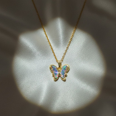 VR Divine Adorn Golden Butterfly Pendant Necklace with Rainbow Crystal Wings | Elegant Jewelry Gold-plated Plated Stainless Steel Chain Set