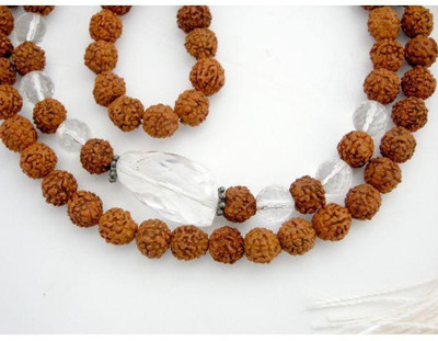 Rudraksham Rudraksha Beads and Sphatik Crystal ( Quartz ) Diamond Cut Gemstone Beads Mala Crystal, Rudraksha Chain