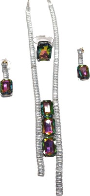 24 FASHION level up point-AD LONG NECKLACE CHAIN FOR GIRLS ANY OCCASION (GREEN) Crystal Rhodium Plated Alloy Chain Set